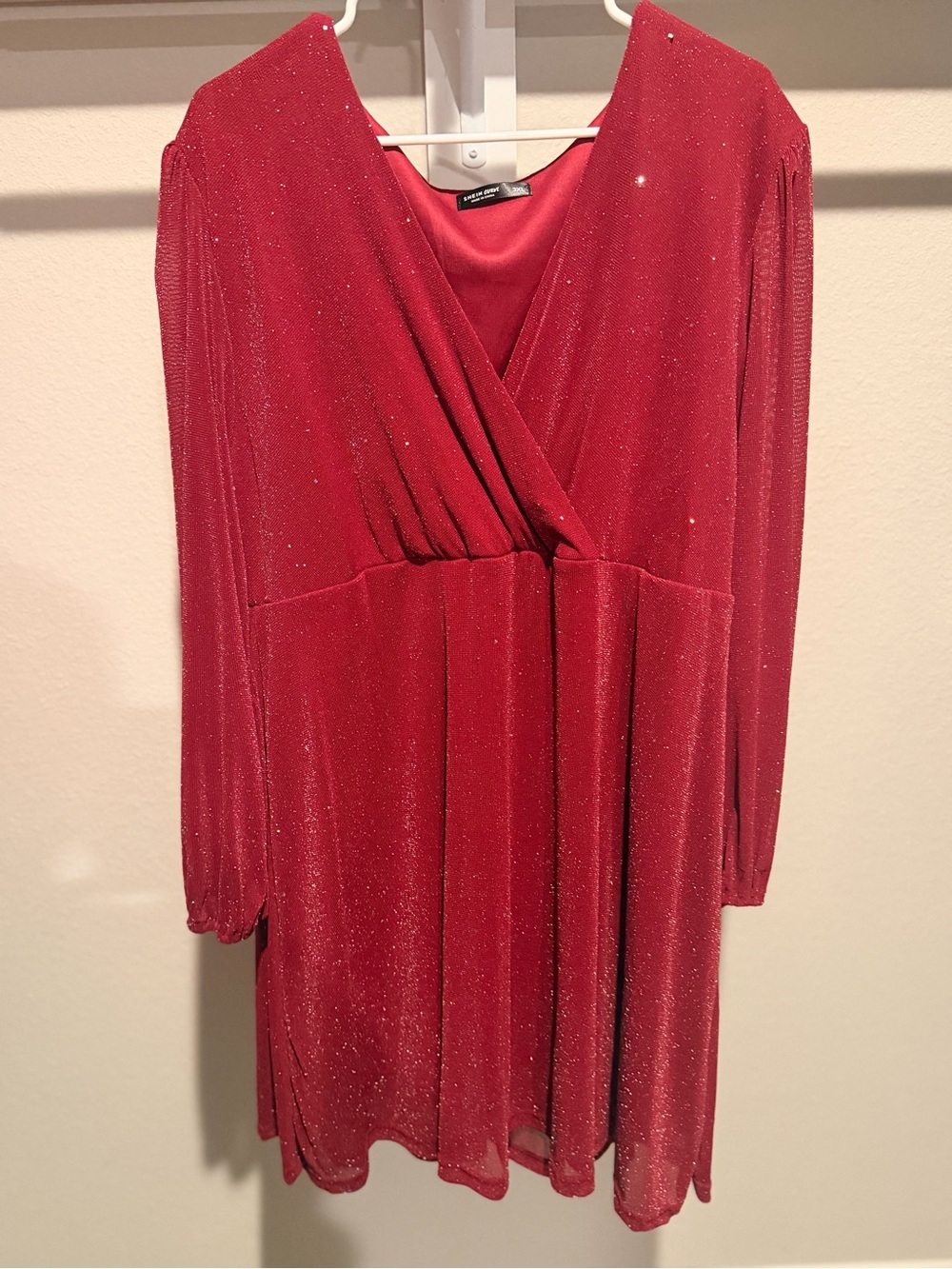 SHEIN Red Glitter V-Neck Long Sleeve Dress